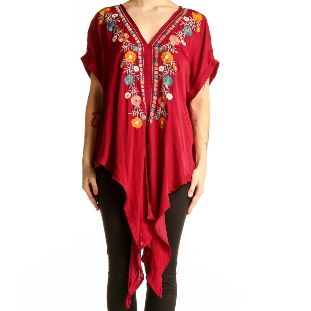 Entro Red Floral Embroidered V-Neck Tunic Top Size‎ L